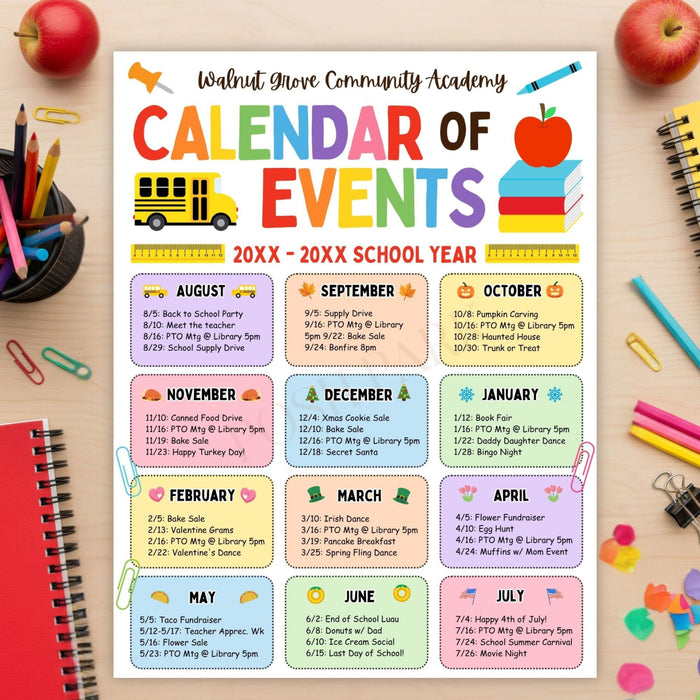 Calendar of Events for School on a wooden surface with school supplies.