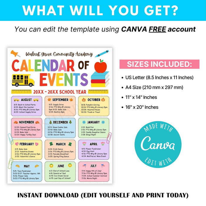 Calendar of Events template with colorful design and Canva branding