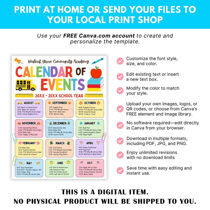 Digital calendar of events template with customization options on a white background