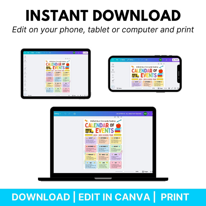 Promotional graphic for editing a calendar of events on a phone, tablet, or computer with Canva.