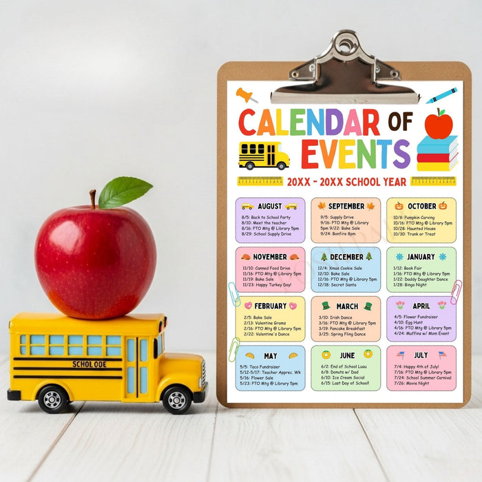 Calendar of Events for a school year with a toy school bus and apple on a white background