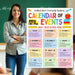Woman standing next to a colorful school calendar of events with a green chalkboard background.