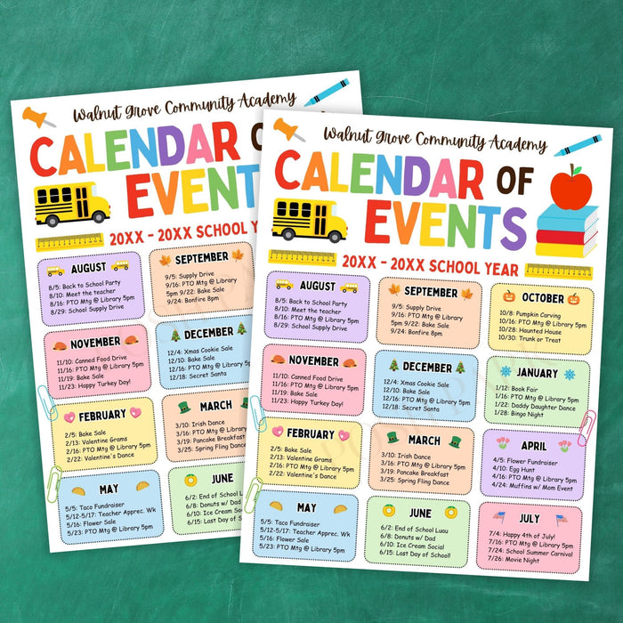 Two school event calendars for a 20XX-20XX school year on a green background.