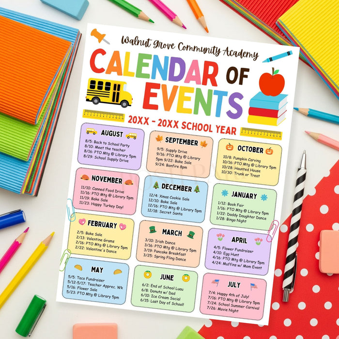 Colorful school calendar of events for a school year with stationery items on a white background.