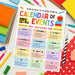 Colorful school calendar of events for a school year with stationery items on a white background.