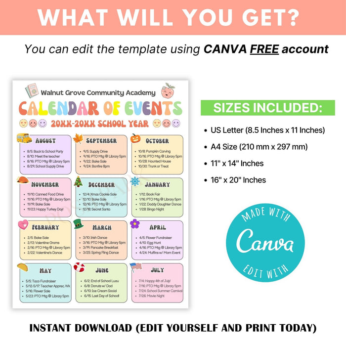Calendar of Events template for school with Canva branding.