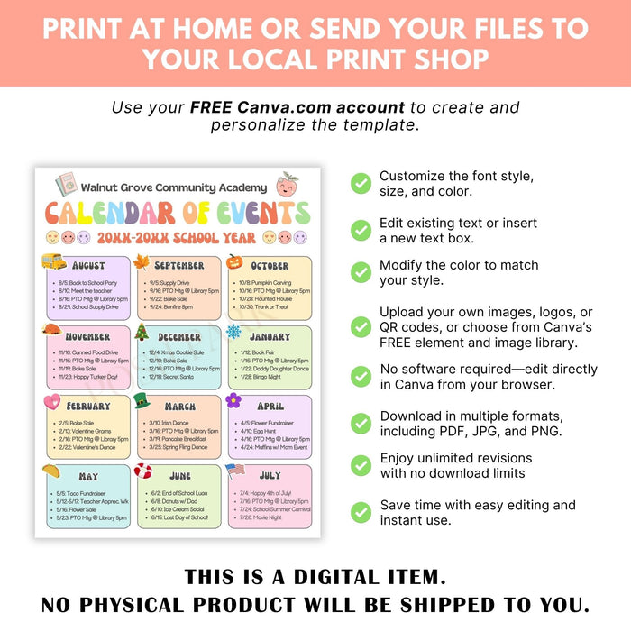 Digital school event calendar template with customization options on a pink background