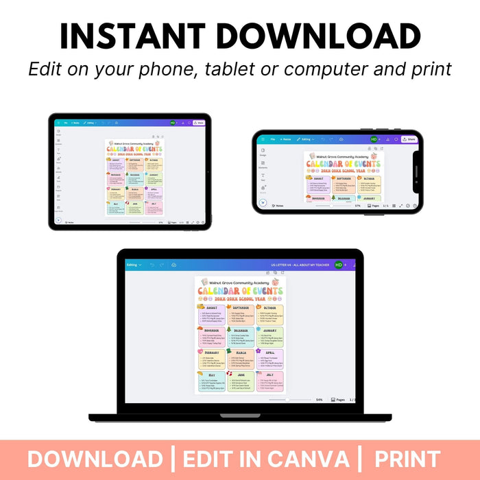 Promotional graphic for Canva with devices displaying a school event calendar design.