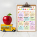 Calendar of events for a school year with a toy school bus and apple on a white background