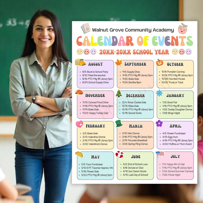 Woman standing next to a school calendar of events for the 