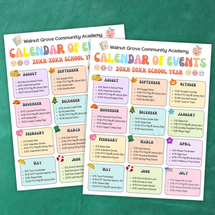 Two school event calendars for school on a green background