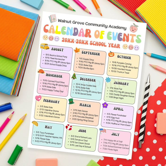 Calendar of events for school on a colorful background with school supplies.