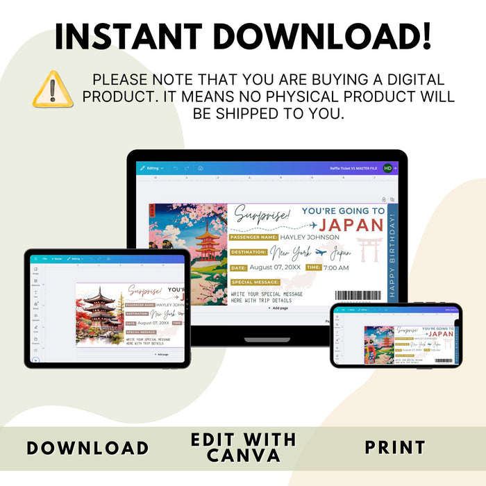 Editable printable travel gift Japan