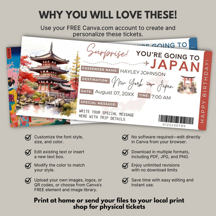 Editable Japan boarding pass printable gift