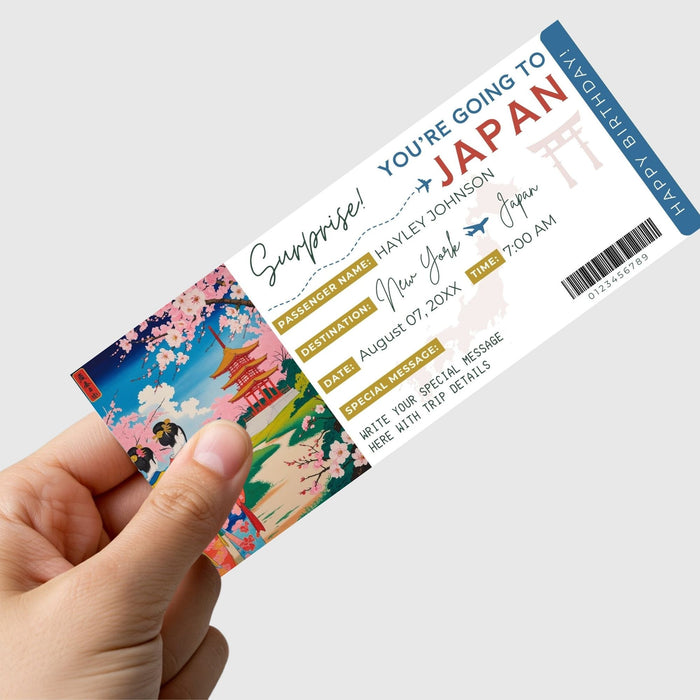 Custom Japan trip reveal boarding pass