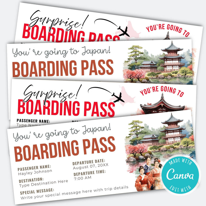 Editable Japan travel gift boarding pass