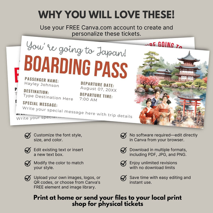 Customizable travel boarding pass Japan trip
