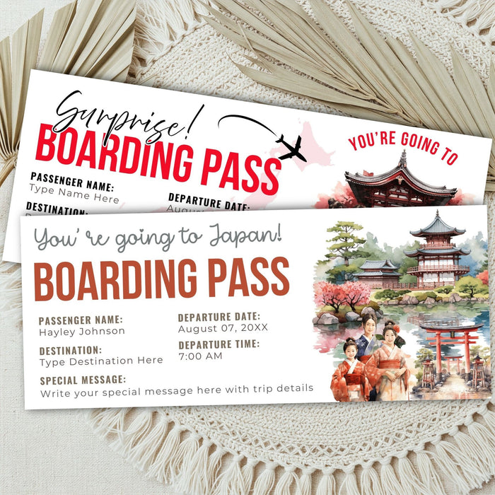 Editable Japan printable travel ticket gift