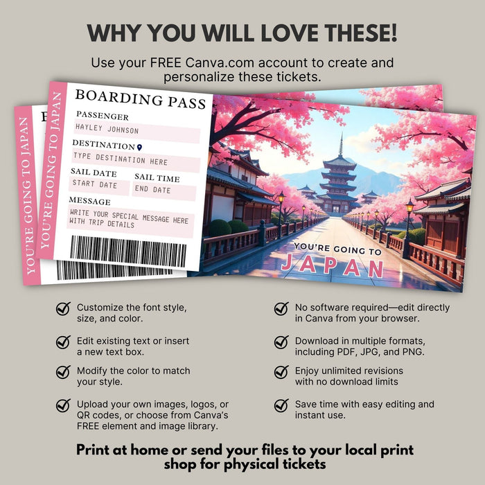 Editable Japan trip surprise boarding pass