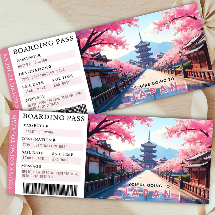 Custom boarding pass template Japan trip reveal