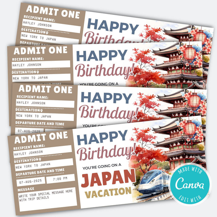 Editable Japan vacation reveal boarding pass