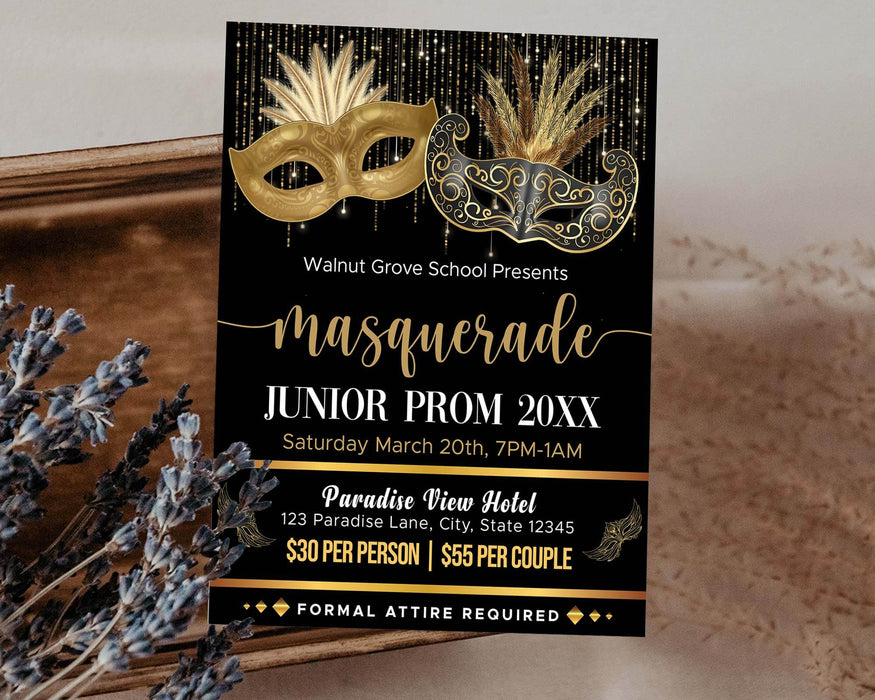 DIY Masquerade Theme Junior Senior Prom Ticket and Flyer Bundle | Masquerade Ball Event Template