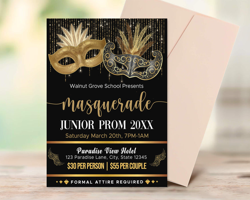 DIY Masquerade Theme Junior Senior Prom Ticket and Flyer Bundle | Masquerade Ball Event Template