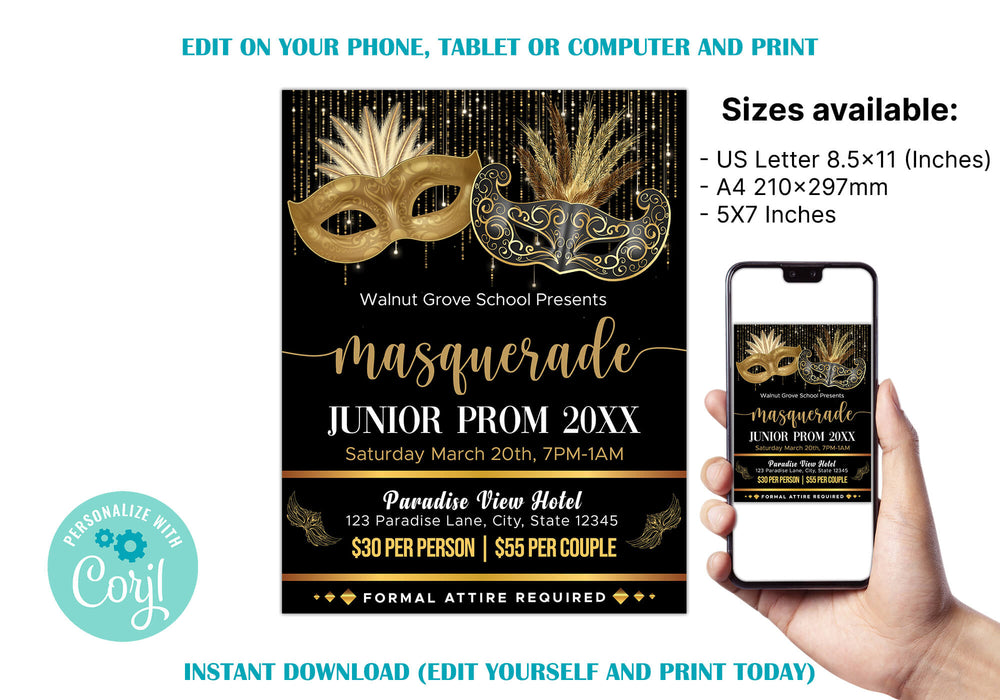 DIY Masquerade Theme Junior Senior Prom Ticket and Flyer Bundle | Masquerade Ball Event Template