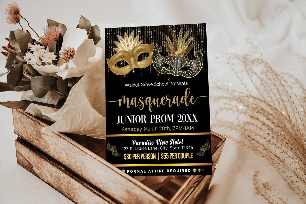 Customizable Masquerade Junior Prom Flyer | Masquerade Theme School Prom Invitation Template
