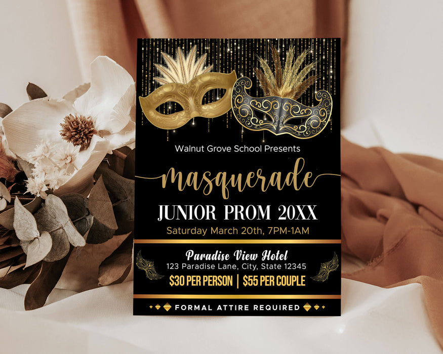 DIY Masquerade Theme Junior Senior Prom Ticket and Flyer Bundle | Masquerade Ball Event Template