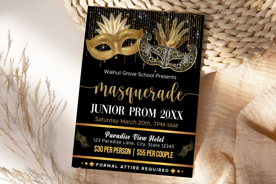 DIY Masquerade Theme Junior Senior Prom Ticket and Flyer Bundle | Masquerade Ball Event Template