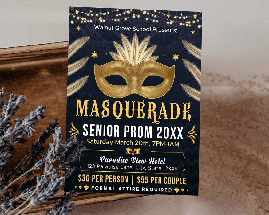 Customizable Masquerade Theme Junior Senior Prom Ticket and Flyer | Masquerade Ball Event Bundle Template