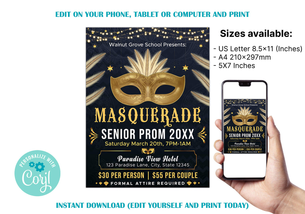 Customizable Masquerade Theme Junior Senior Prom Ticket and Flyer | Masquerade Ball Event Bundle Template