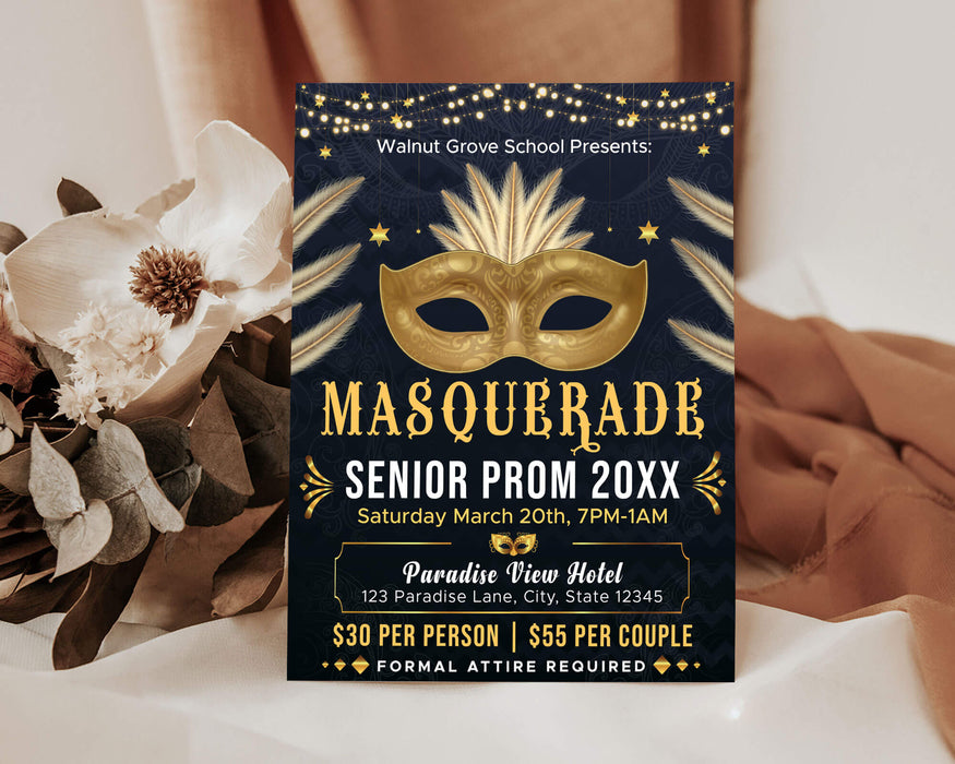 Customizable Masquerade Senior Prom Flyer | School Masquerade Theme Prom Invitation Template