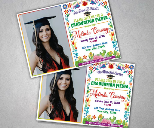 DIY Fiesta Graduation Party Invitations with Photo | White Floral Mexican Grad Invite Template