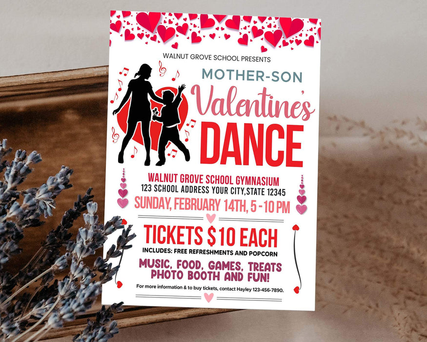 Customizable Mother Son Valentine's Day Dance Ticket and Flyer | School Heart Day Dance Bundle