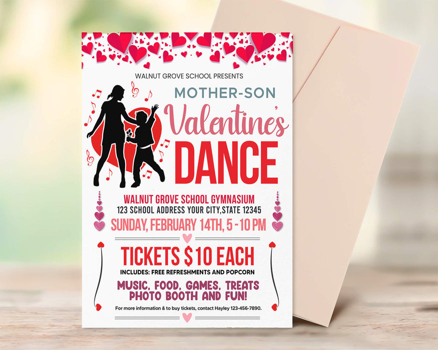 Customizable Mother Son Valentine's Day Dance Ticket and Flyer | School Heart Day Dance Bundle