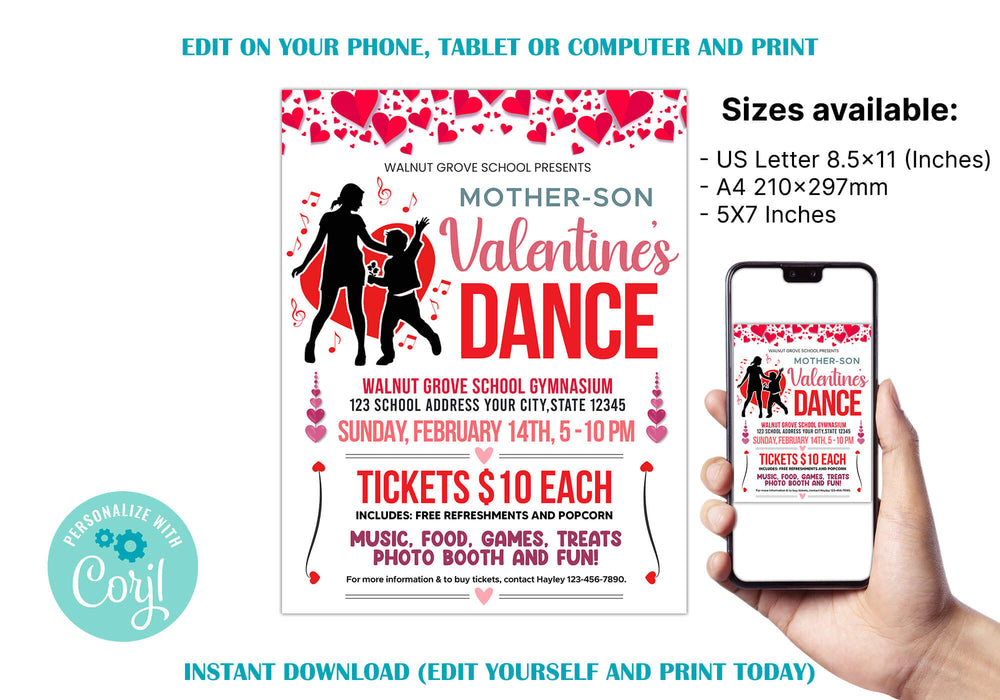 Customizable Mother Son Valentine's Day Dance Ticket and Flyer | School Heart Day Dance Bundle