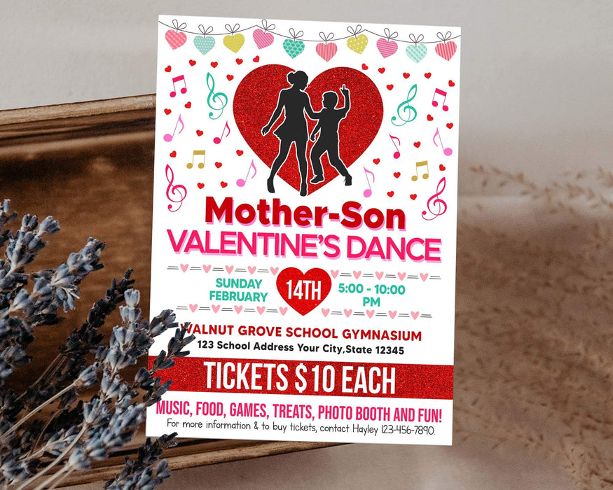 DIY Mother Son Valentine's Day Dance Ticket and Flyer Bundle | School Heart Day Dance Template