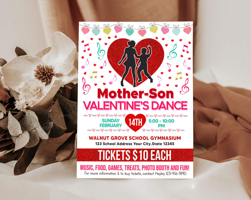 DIY Mother Son Valentine's Day Dance Ticket and Flyer Bundle | School Heart Day Dance Template