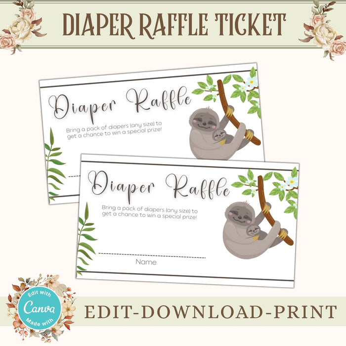 Customizable Cute Sloth Diaper Raffle Ticket | Animal Theme Baby Shower ...