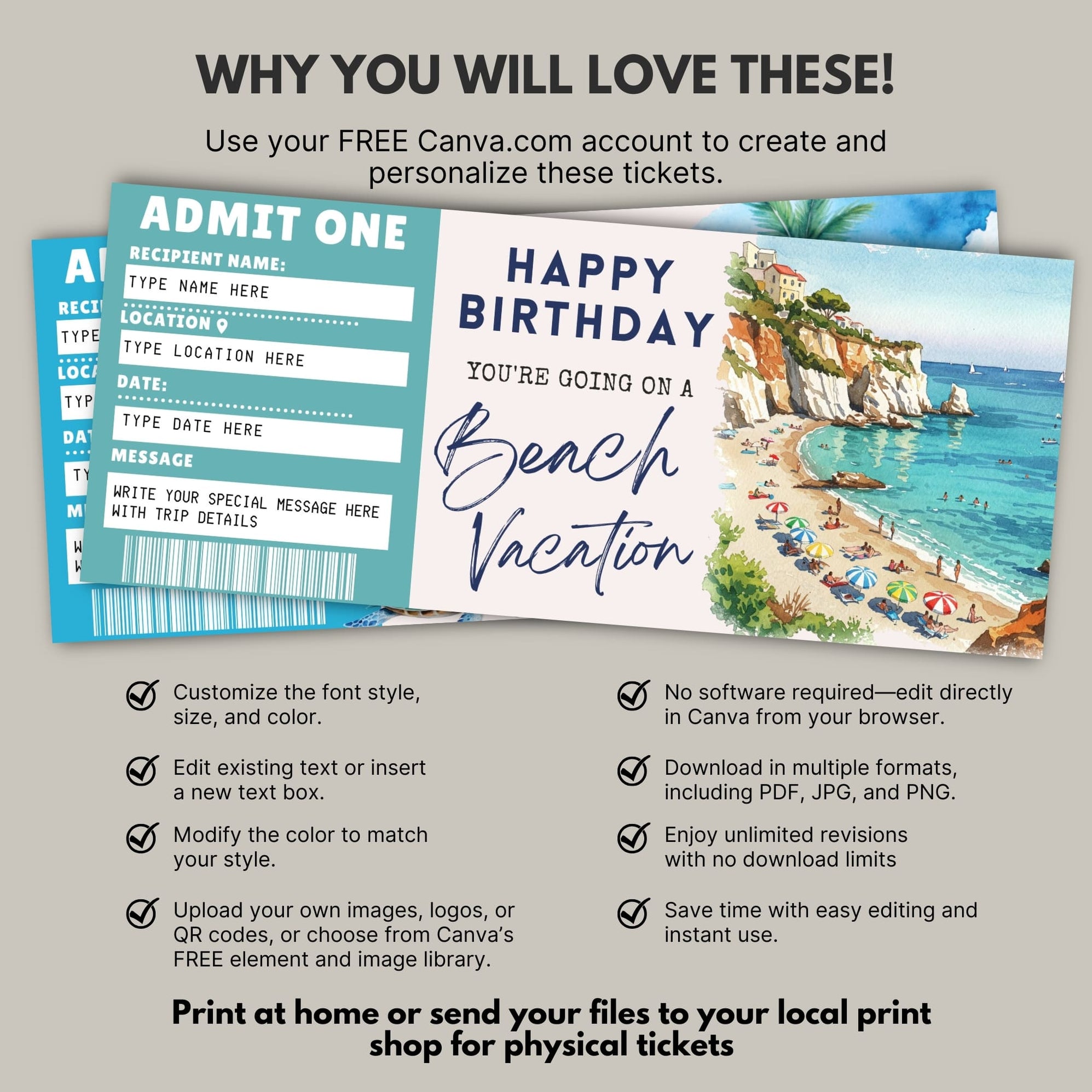 Customizable Beach Vacation Gift Ticket | Surprise Trip Boarding Pass ...