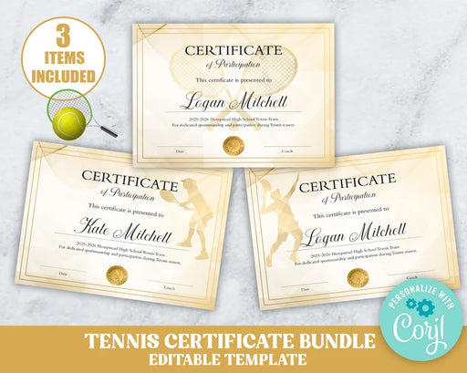 Customizable Tennis Certificate Bundle | Set of 3 Tennis Sport Award Certificate Template