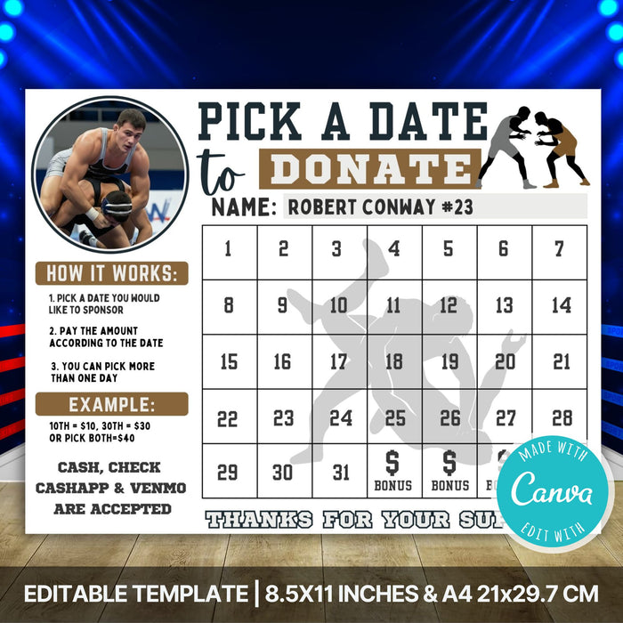 Printable wrestling fundraising calendar template PDF