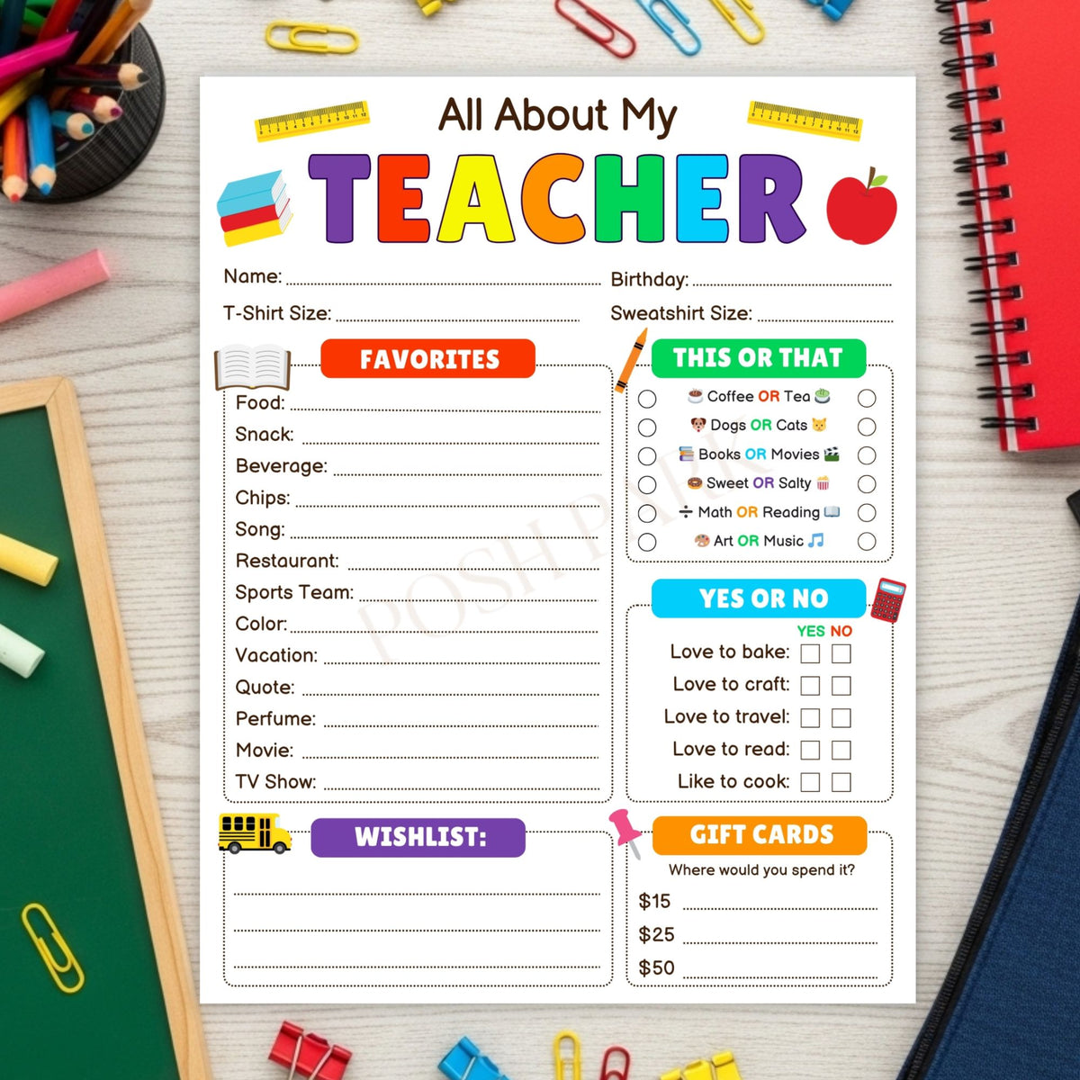 DIY All About My Teacher Template | Favorite Things Questionnaire Back ...