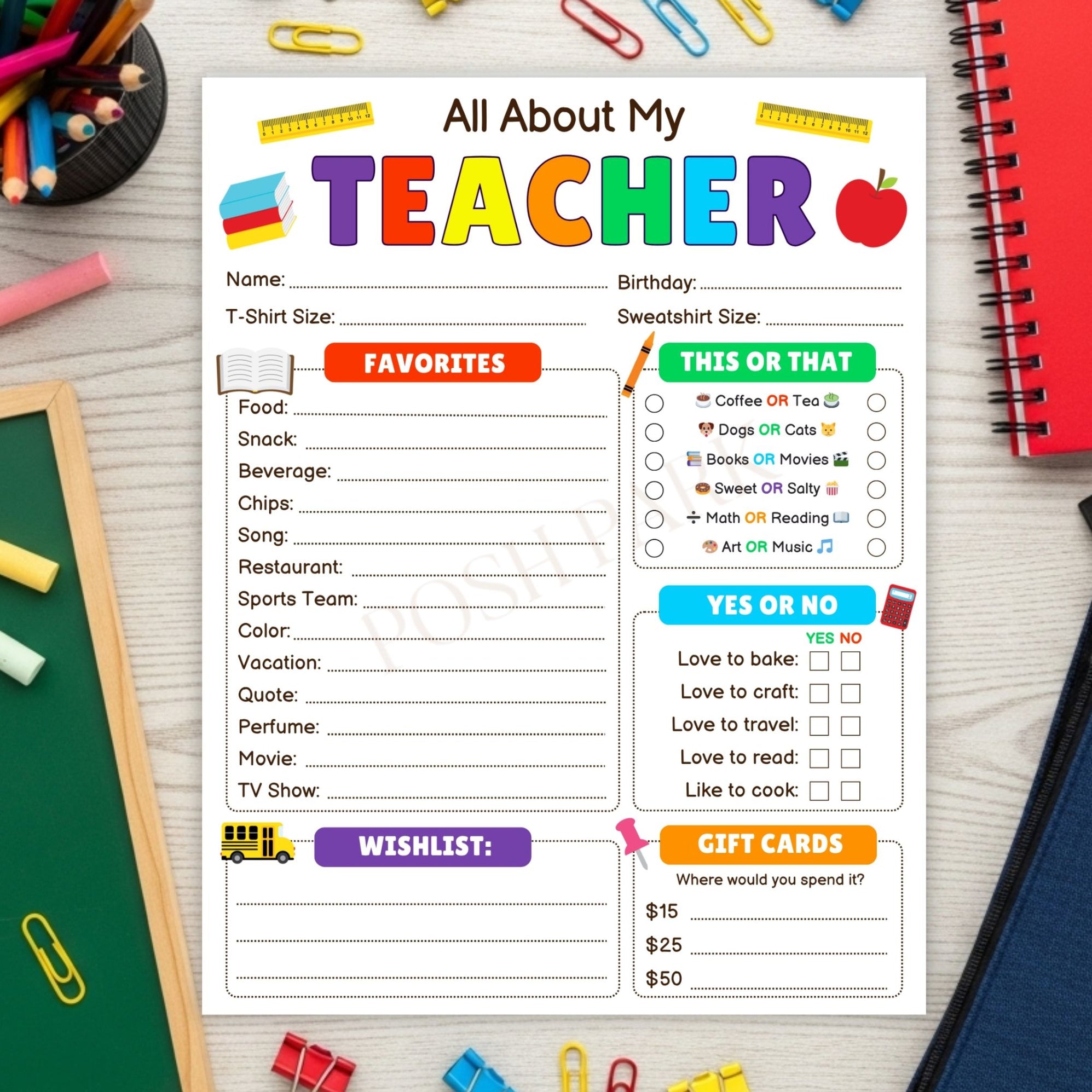 DIY All About My Teacher Template | Favorite Things Questionnaire Back ...