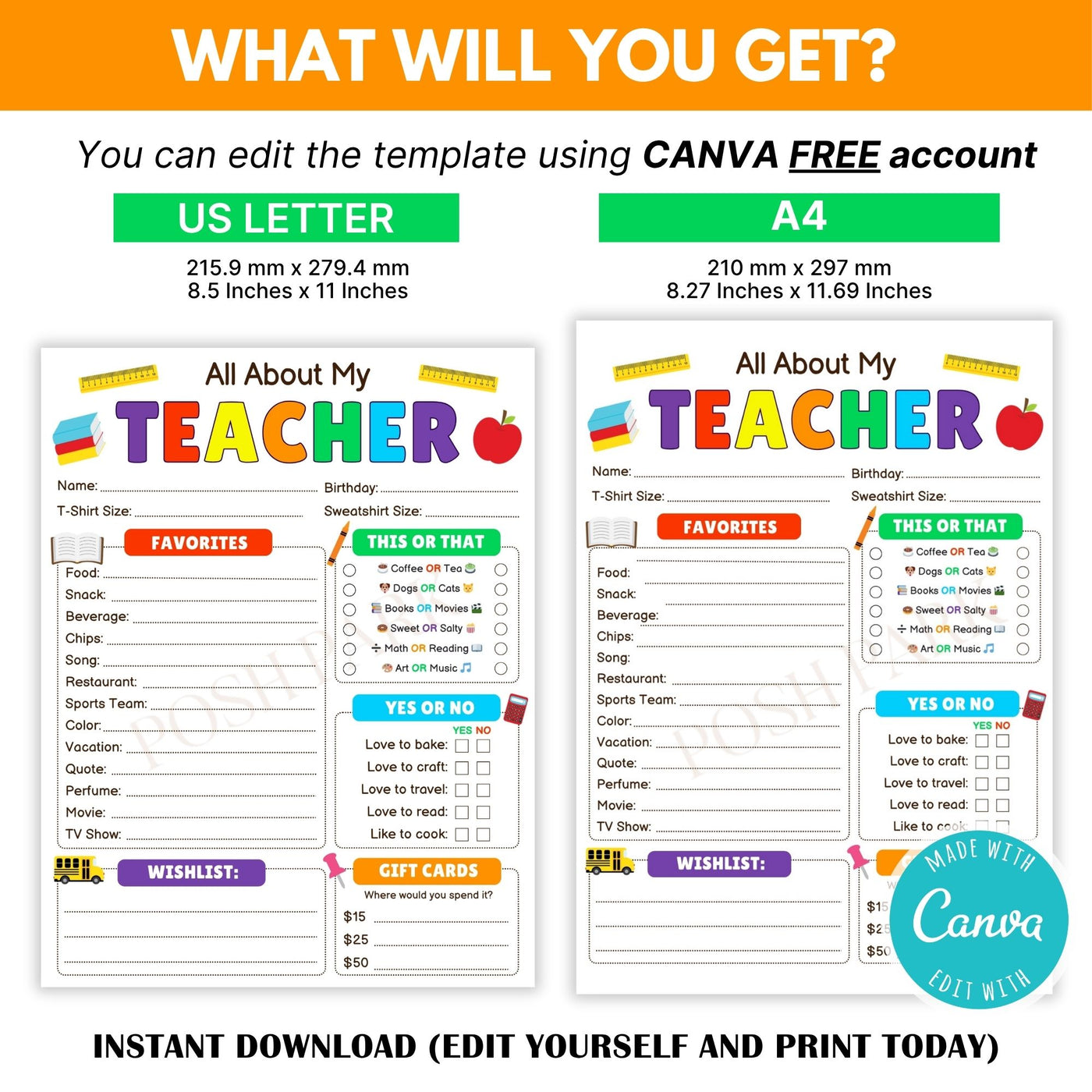 DIY All About My Teacher Template | Favorite Things Questionnaire Back ...