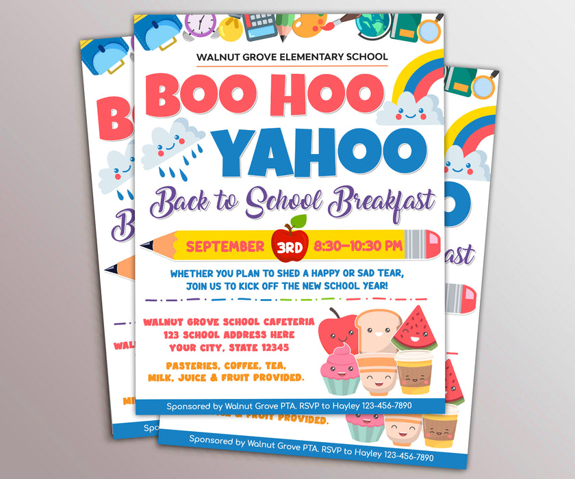 Customizable Boo Hoo Yahoo Back To School Breakfast Flyer | Back To School Fundraiser Poster