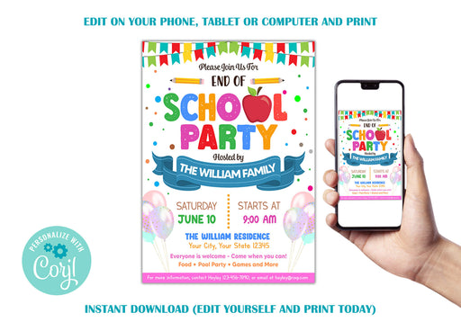 DIY End of School Party Invitation Template | End of School Year Summer Invite