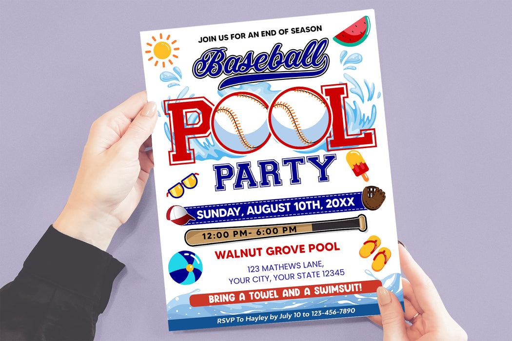 DIY End of Season Baseball Pool Party Flyer Template | Sports Pool Party Bash Flyer